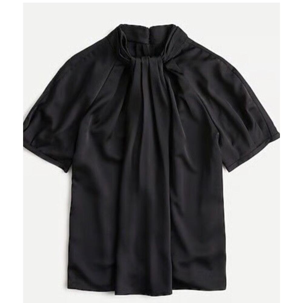 NEW J. Crew Women's Short-sleeve mockneck top in satin-backed crepe Black Sz MED